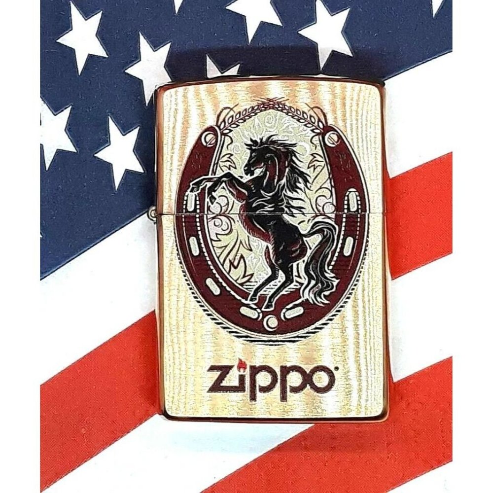 Rearing Horse & Horseshoe Authentic Zippo Brushed Brass 77844